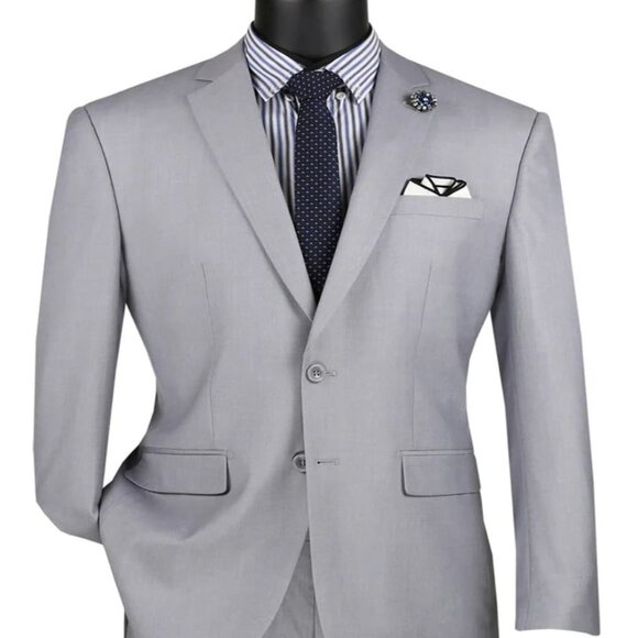 Light Grey Suit - Silver Gray Suit For Wedding - Mens Basic Two Button Modern Fi - Picture 1 of 2